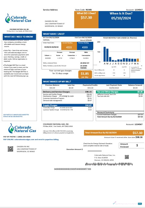 Download USA Colorado Natural Gas business utility bill template in Word and PDF formats Photoshop template